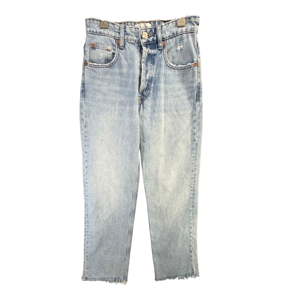 Zara Button Fly Straight Leg Jeans Womens 2 Blue Light Washed Denim Crop Raw Hem